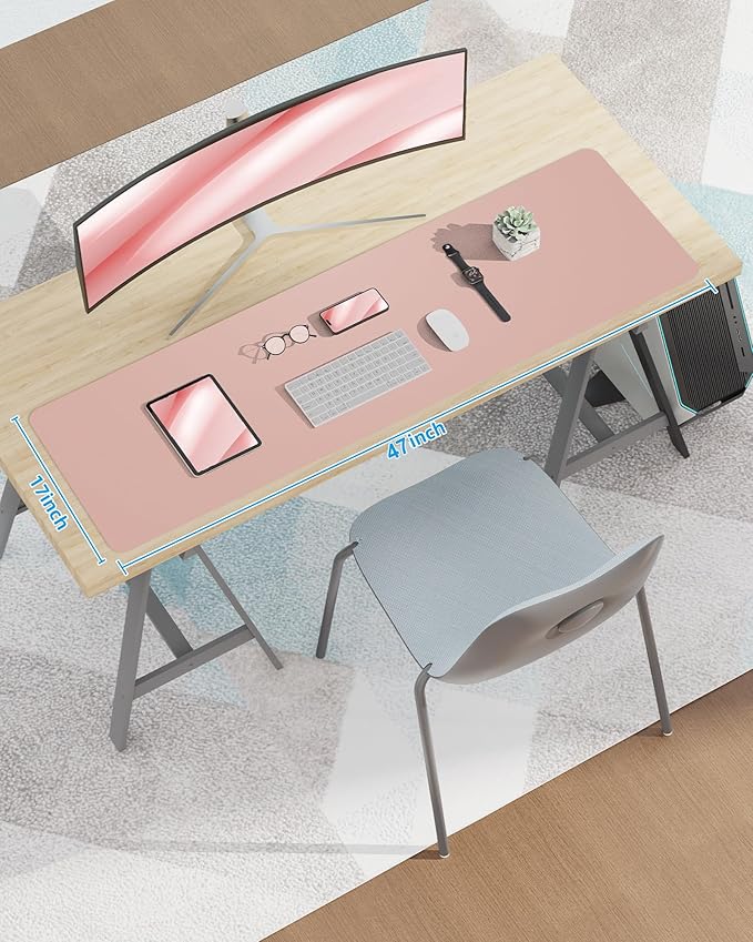 Leather Desk pad Protector,Large Desk mat,Mouse pad,Non-Slip Desk pad,Office Desk Mat,Waterproof Desk boltter, Keyboard mat for Office/Home/Décor (48in*17in, Pink)