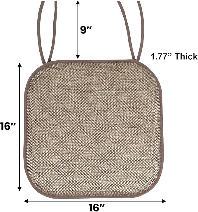 Chair Cushion Memory Foam Pads with Ties Honeycomb Pattern Slip Non Skid Rubber Back Rounded Square 16" x 16" Seat Cover