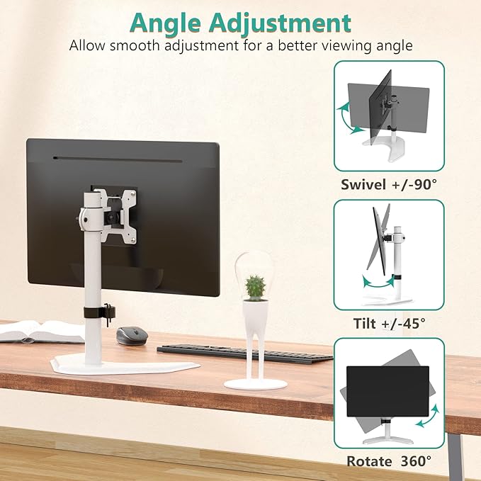 WALI Single Monitor Stand, Free Standing Desk Stand with Mounting Holes 75 to 100, Fully Adjustable Mount Fits One Screen up to 32 inch (MF001-W), White