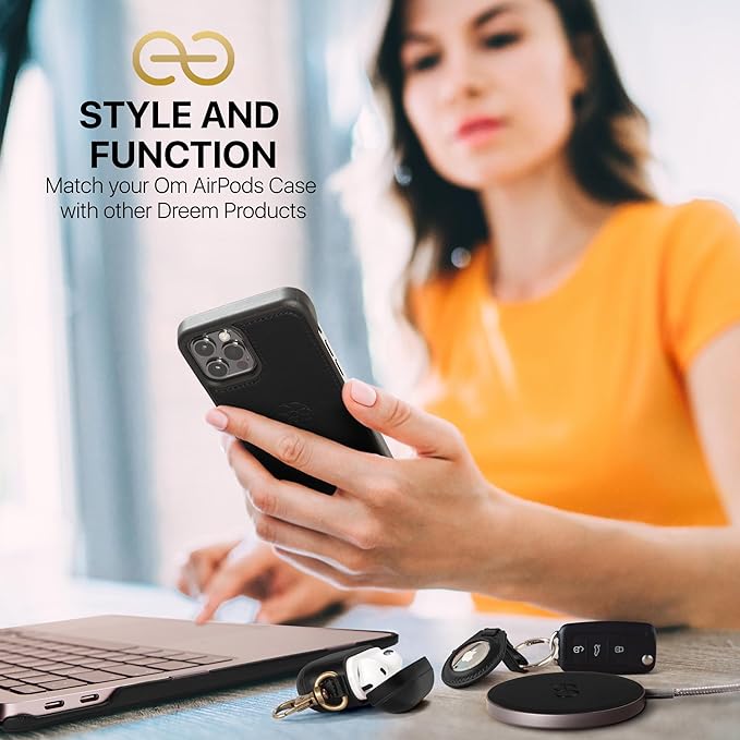 Dreem Om Case Cover with Keychain Clip Compatible with AirPods Pro 2/Pro, Protective One-Piece Hard Shell, Luxury Vegan Leather AirPod Pro Case 2nd/1st Generation with Separate Clip [Black]