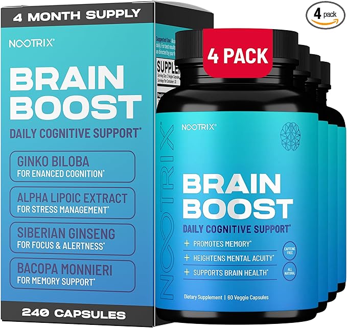 Brain Boost Nootropic Supplement | Supports Memory, Mental Focus, Cognitive Health & Energy | Caffeine-Free, Promotes Healthy Mood & Brain Function w/Gingko Biloba & DMAE | 240 Capsules