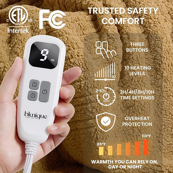 Electric Heated Blanket Queen 84x90 inches, Fast Heating w/ 10 Heat Settings & 2/4/8/10H Auto Timer, Double-Sided Sherpa, Ultra Soft & Cozy for Couch, Bed, Office, Machine Washable, Camel