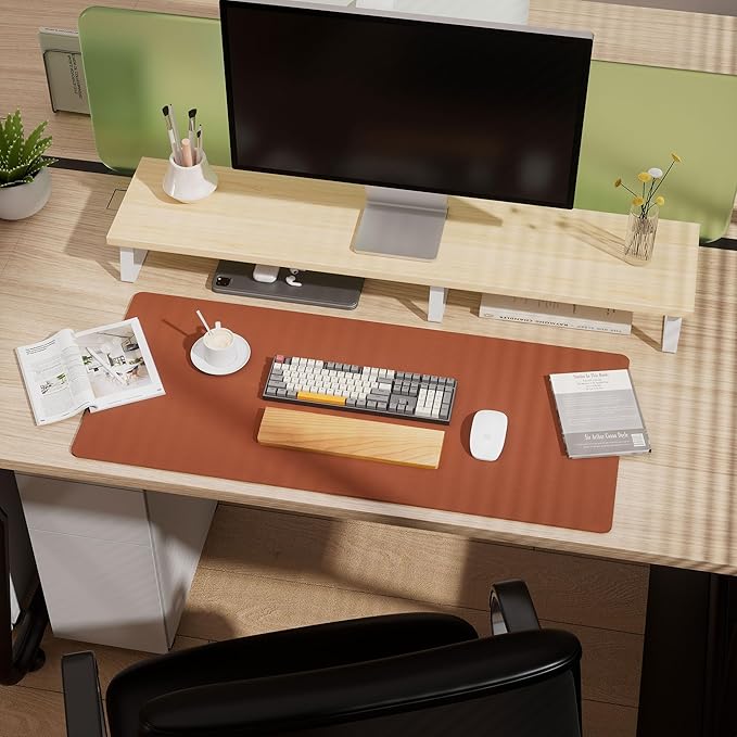 Aothia Dual-Sided Desk Pad - Leather Desk Mat, Natural Cork Desk Pad Protector, Large Mouse Pad for Desk, Waterproof Desk Blotter Pad, Desk Writing Pad for Office Work/Home, Maple Brown(35.4" x 15.7")