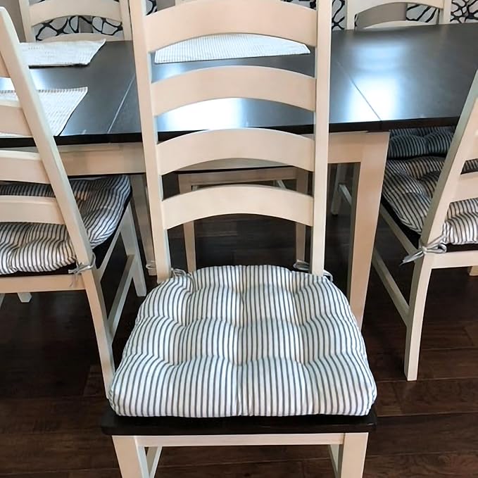 Barnett Home Decor Ticking Stripe Blue Dining Chair Pad with Ties - Pack of 2 Size 15 x 17 Chair Cushions - Latex Foam Fill - Machine Washable, Reversible, 100% Cotton, Made in USA (Navy)