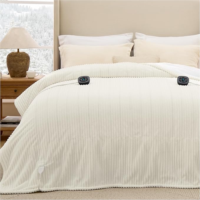 Bedsure GentleSoft Electric Blanket Queen Size - Soft Ribbed Flannel Heated Blanket with Dual Control, 10 Heat Settings, 10 Time Settings, 8 hrs Timer Auto Shut Off (84x90 inches, Coconut White)