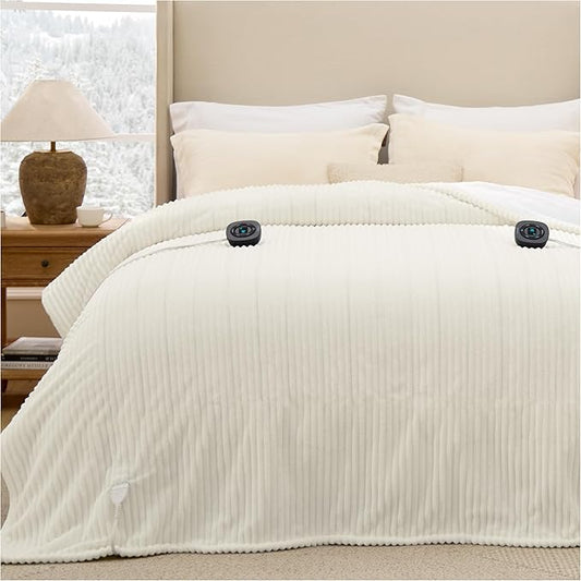 Bedsure GentleSoft Electric Blanket Queen Size - Soft Ribbed Flannel Heated Blanket with Dual Control, 10 Heat Settings, 10 Time Settings, 8 hrs Timer Auto Shut Off (84x90 inches, Coconut White)