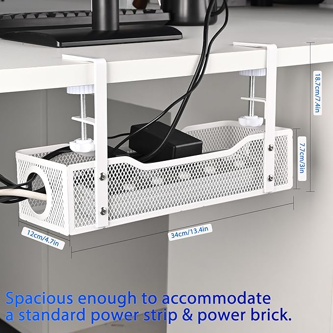 Clamp-On Under Desk Cable Management Tray – No Drill Metal Cord Organizer for Power Strips & Wires – Easy to Install Under Table Cable Holder (White)