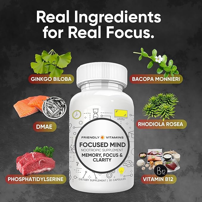 Focused Mind – Daily Brain Supplement for Memory and Focus Support | Nootropic for Concentration, Mental Clarity, and Brain Energy | Cognitive Supplement for Work, School, or Everyday Demands