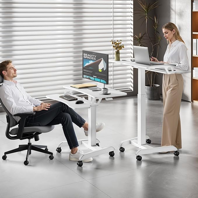 Standing Rolling Desk-Height Adjsutable up to 47.2' Rolling Podium for Teachers, 31.2'× 27.5' Dual Tier Sanding Desk for Classroom, Moveable Laptop Cart, Teacher Podium with Wheels, White
