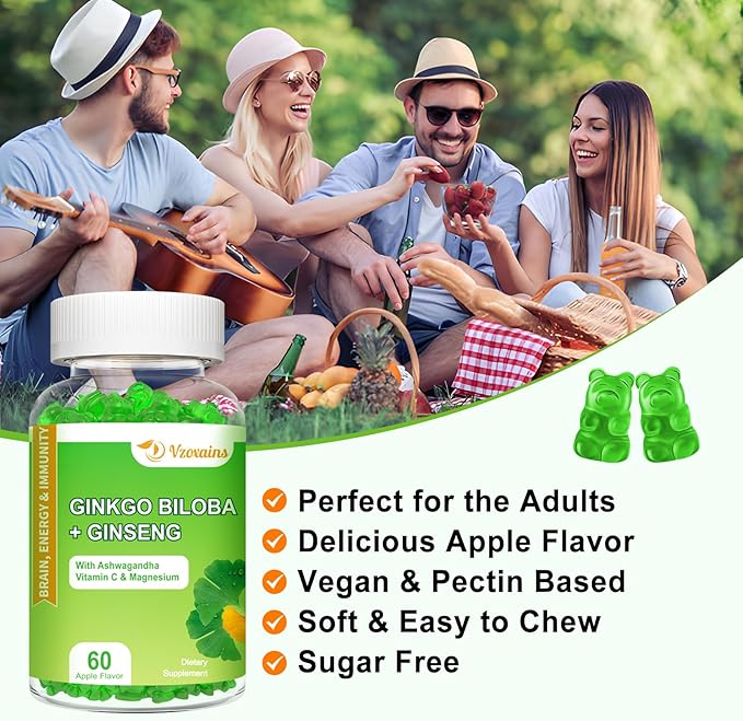 Ginkgo Biloba Gummies with Ginseng and Magnesium, Ginko Biloba Supplements Gummies for Brain Focus, Mood and Memory for Adults, 60 Cts