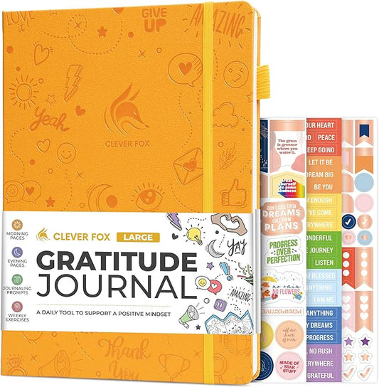 Clever Fox Gratitude Journal Large – Happiness, Positivity & Affirmation Journal – Inspirational Daily Notebook, 3 Months, 8.3x11” (Amber Yellow)