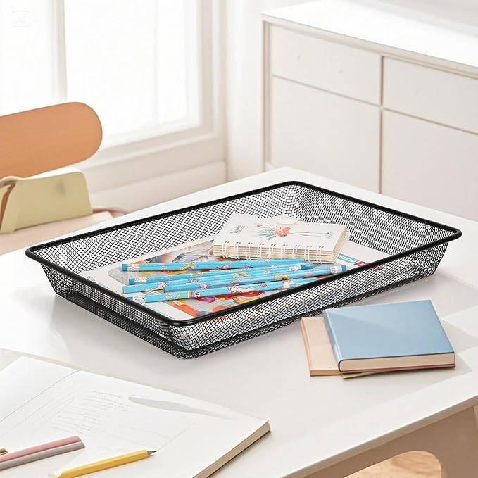 Single Desk Tray Organizer, Turn in Trays Classroom, Metal Mesh Paper/Letter Storage Basket for Office Home Drawers School, Black (1 Pack)