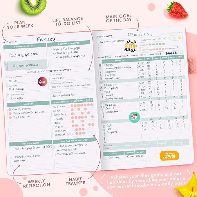 Clever Fox Wellness Planner - Weekly & Daily Health and Wellness Log, Food Journal & Meal Planner Diary for Calorie Counting, Notebook for Medical Condition Tracking, A5-Sized - Light Pink
