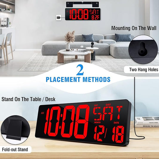 Large Digital Wall Clock（5.6'' Number）, 17.2" LED Wall Clock with Date and Temperature, Count Up/Down Timer with Remote Control, Adjustable Brightness Alarm Clock