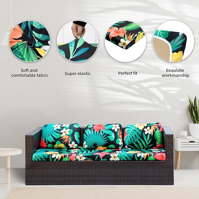8Pcs Stretch Patio Cushion Covers,Outdoor Couch Covers Replacement,Outdoor Couch & Sofa Slipcovers,for Patio Furniture Cushion Covers,Washable Reusable Furniture Protector (Floral Leaf,Cover Only)