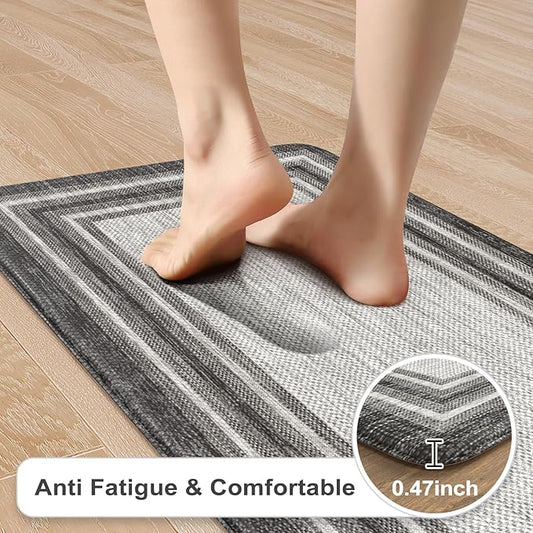 KIMODE Anti Fatigue Kitchen Mats for Floor 2PCS,17"x47"+17"x29" Farmhouse Kitchen Rugs Non Slip Rubber Backing,Waterproof Cushioned Standing Mat for Office,Laundry,Sink,Desk,Grey