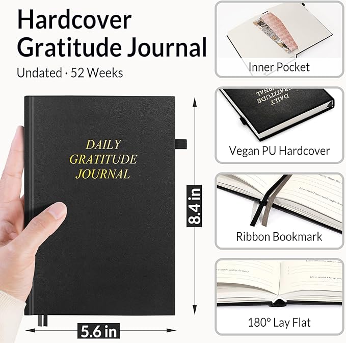 SUNEE Daily Gratitude Journal – Simple 5 Minute Journal for Daily Reflection, Build Positivity and Mindfulness, Undated Minimalist Planner for Women & Men (Black)