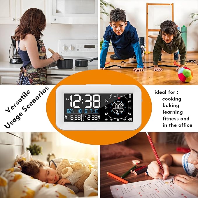 Digital Dual Alarm Clock for Bedroom,Visual Timer Clock for Kids,Dual Display Countdown Stopwatch Timer Dual Alarm Clock, Time Management Station for Homeschooling Teaching Home Kitchen Office (White)