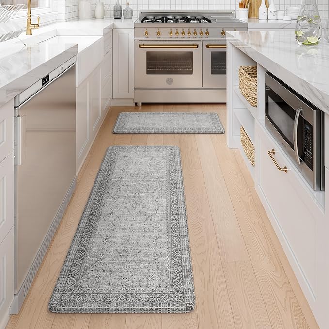 KIMODE Anti Fatigue Kitchen Mats for Floor, Boho Oriental Kitchen Rugs Sets of 2, Padded Kitchen Floor Mats Non Slip, Cushioned Standing Mats for Sink, Laundry, Desk Grey 20"x47"+20"x32"