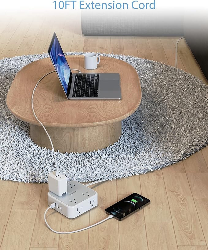 TESSAN Power Strip Surge Protector 10 Ft Cord, 8 AC Outlets, 3 USB Charger(1 USB C Port), Ultra Thin Extension Cord, Flat Plug, 900 Joules Protection, Desk Charging Station for Home, Office