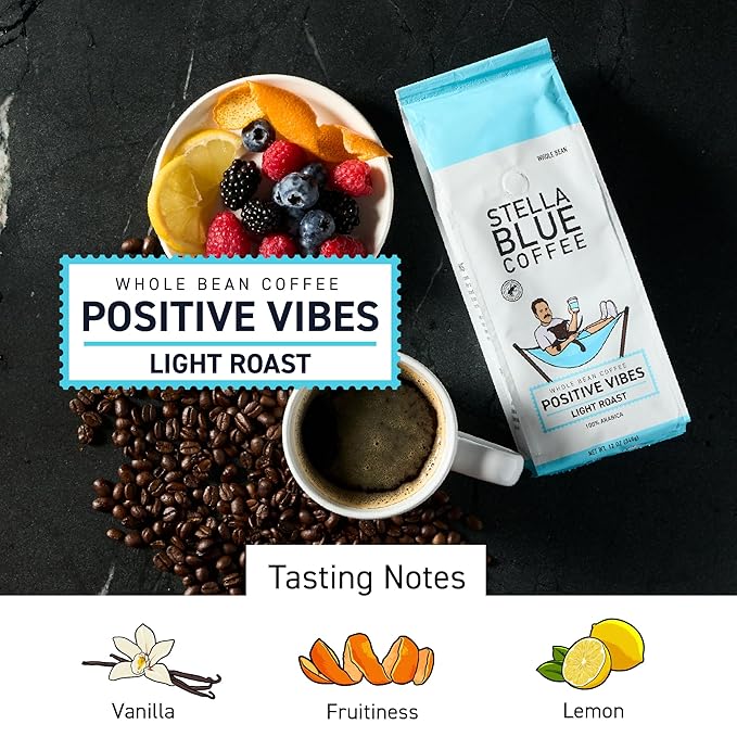 Stella Blue Whole Bean Coffee, Positive Vibes Blend, Light Roast, Vanilla and Fruity Notes, 100% Arabica, Ethically Sourced from Central and South America, 12 oz bag