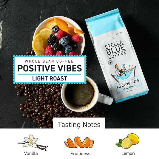 Stella Blue Whole Bean Coffee, Positive Vibes Blend, Light Roast, Vanilla and Fruity Notes, 100% Arabica, Ethically Sourced from Central and South America, 12 oz bag