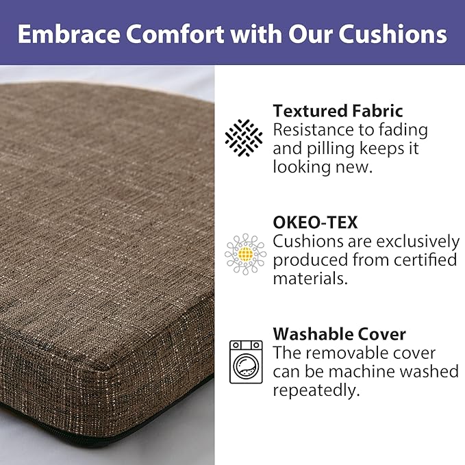 Chair Cushions for Dining Chairs with Ties and Removable Cover, Dining Kitchen Chair Pads with Non-Slip Bottom, High-Resilience Indoor Seat Cushions, 16'' x 16'' x 2'', Set of 4, Brown