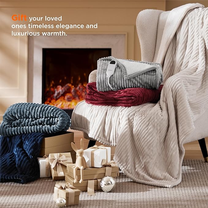 Bedsure GentleSoft Electric Blanket King Size - Soft Ribbed Flannel Heated Blanket with Dual Control, Heating with 10 Heat Settings & 10 Time Settings, 8 hrs Timer Auto Shut Off (90x100 inches, Brown)