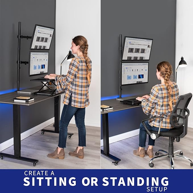 VIVO Extra Tall Vertically Stacked Dual Monitor Desk Mount Stand with 99 cm Stand-up Pole, Fully Adjustable Extended Arms, Fits 2 Screens up to 27 inches, STAND-V012T