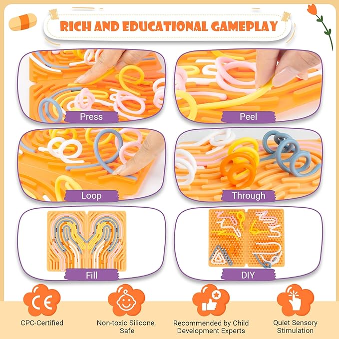 Sensory Activity Board, Four-Sided Silicone Sensory Fidget Toy, Promotes Parent-Child, Suitable for Autism, Calming, ADHD, Great for Children 3+ & Adultsand 25 (Light Orange)