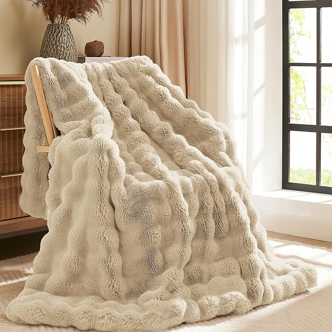 L'AGRATY Faux Rabbit Fur Blanket: 90" x 90" Queen Luxury Soft Fluffy Thick Fur Throw Blanket for Couch Bed Sofa - Cozy Plush Bubble Blankets for Winter: Flannel Fleece Decorative Blanket(Almond White)