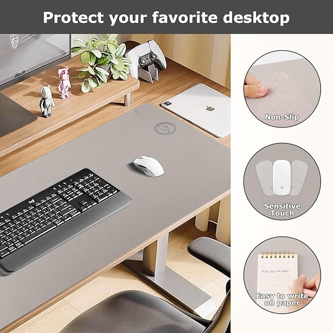 Wireless Charging Mouse Pad Firelison 2 in 1 Leather Multifunctional Office Desk Pad with Non-Slip Rubber Base, Waterproof Desk pad for Computers/Office/Work/Home/Decor（ 36" x 17"Grey - R）
