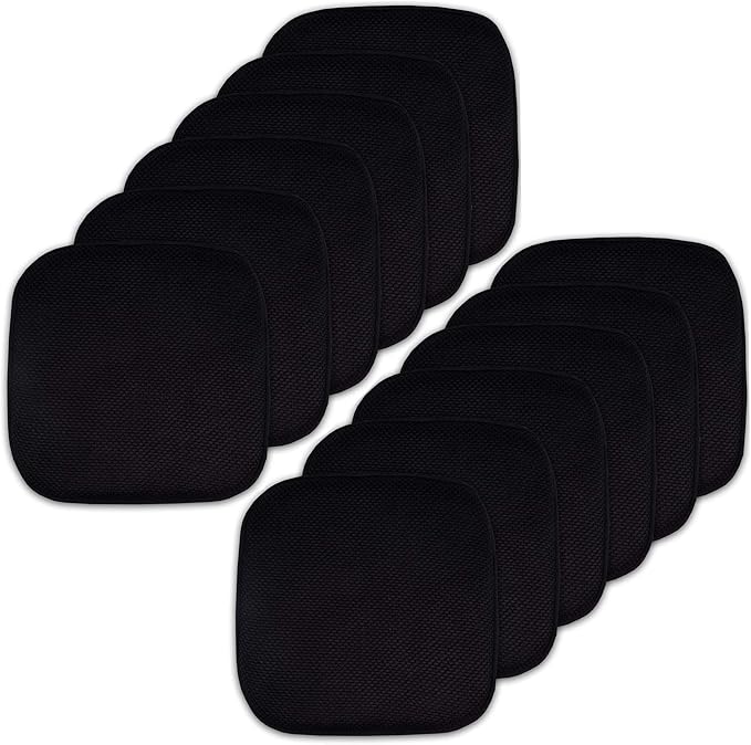 Sweet Home Collection Memory Foam Chair Cushion Honeycomb Pattern Solid Color Slip Non Skid Rubber Back Ultimate Comfort and Softness Rounded Square 16" x 16" Seat Cover, 12 Pack, Black