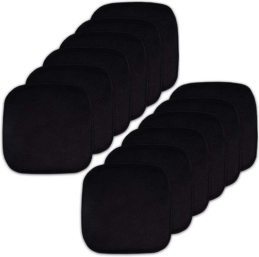 Sweet Home Collection Memory Foam Chair Cushion Honeycomb Pattern Solid Color Slip Non Skid Rubber Back Ultimate Comfort and Softness Rounded Square 16" x 16" Seat Cover, 12 Pack, Black