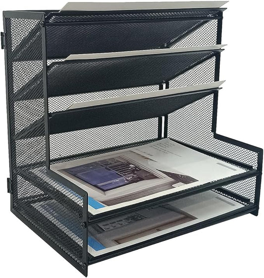 SETTFRFE Office Supplies Desk Organizer,Metal Desktop File Holder Organizer with 5 Tier Paper Tray,Black