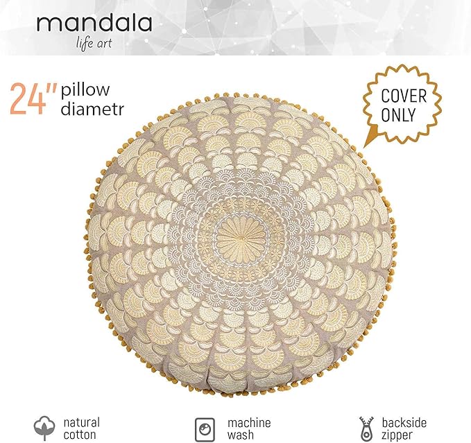 Mandala Life ART Bohemian Floor Cushion Cover –Luxury, Artisan Room Décor Pouf Case for Meditation, Yoga, and Boho Chic Seating Area Floor Pillow – Accent Your Living Room, Bedroom, More