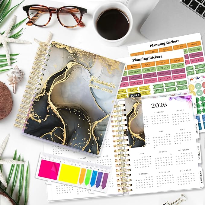 Planner 2025-2026, Large 18 Months Academic Daily Weekly Monthly Planner Yearly Agenda July. 2025–Dec. 2026, 7.9" x 9.8", Page Tabs, Separator Page, Pocket Folder, Bookmark, Stickers, Sticky Note Set