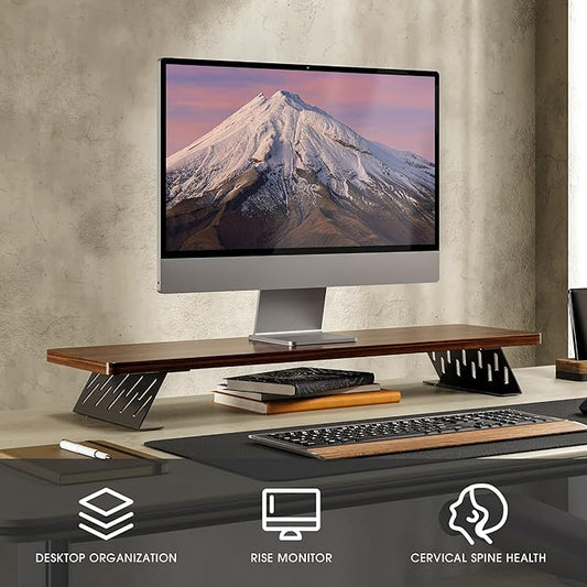 Fenge Monitor Stand Riser, Desk Top Shelf for 2 Monitors, Computer Stands for Desk, Wood & Steel Desktop Riser for Laptop, PC, Printer