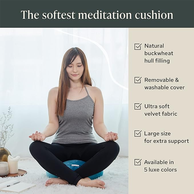 Mindful Modern Velvet Meditation Cushion | Luxe Zafu Yoga Floor Pillow Seat | Posture Support | Buckwheat Hull Filled | Large Round Cushion with Removable Washable Cover + Carry Handle