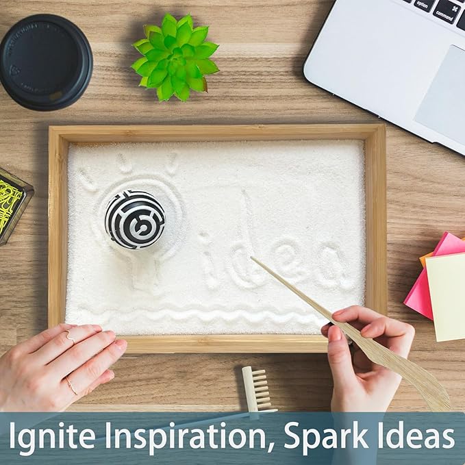 Threeheng Mini Japanese Zen Sand Garden Kit for Desk, Muti-Functional Sand Tray Therapy Kit with Bamboo Tray - Includes Ball Insense Holder Crystals and More for Meditation, Gifts (Bamboo)