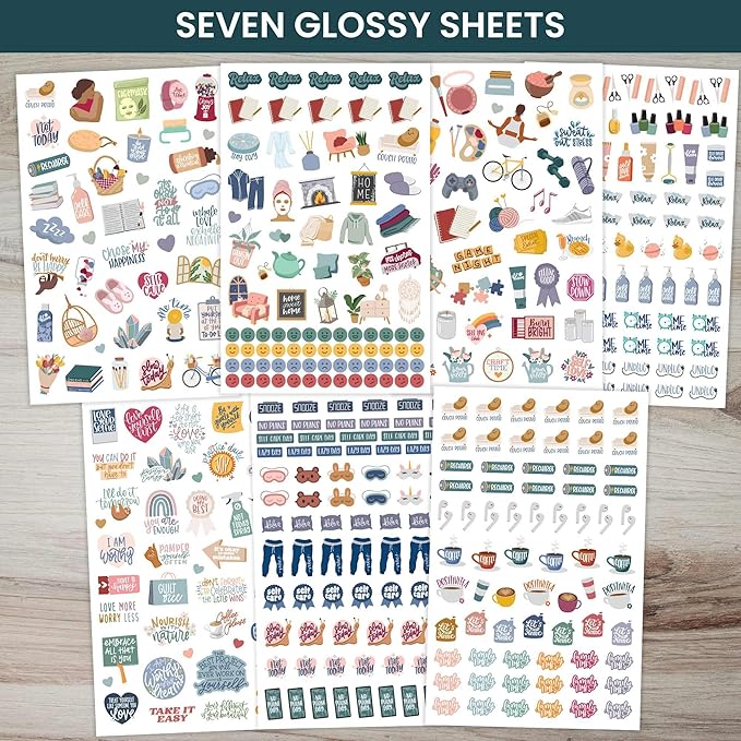 Bloom Daily Planners Rest is Self-Care Planner Sticker Pack - 8 Sheets / 490+ Stickers - Relaxation Themed Illustrations for Mental Health & Wellness - Journaling, Scrapbooking, Planning