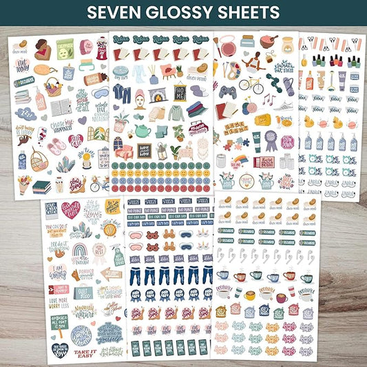Bloom Daily Planners Rest is Self-Care Planner Sticker Pack - 8 Sheets / 490+ Stickers - Relaxation Themed Illustrations for Mental Health & Wellness - Journaling, Scrapbooking, Planning