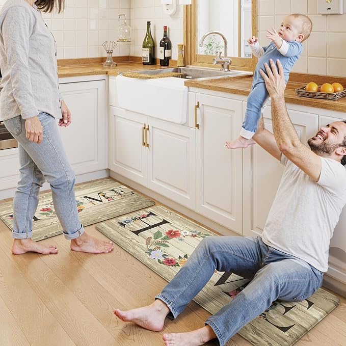 KIMODE Anti Fatigue Kitchen Mats for Floor 2 Piece,Farmhouse Floral Rugs Cushioned,Comfort Memory Foam Carpet Non Slip for Sink Laundry Office Bathroom,Beige 17"x47"+17"x29"