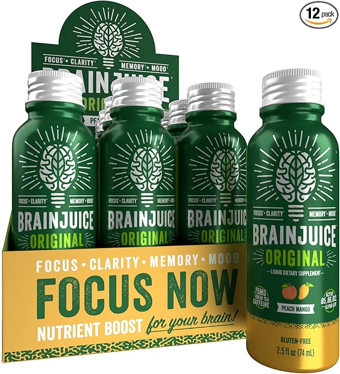 BrainJuice Brain Support Shot, Gluten Free Supplement Shots for Energy & Focus, Healthy Drinks with Alpha GPC, Vitamin B & Organic Green Tea Extract Caffeine, Peach Mango, 2.5 fl oz, 12 Pack