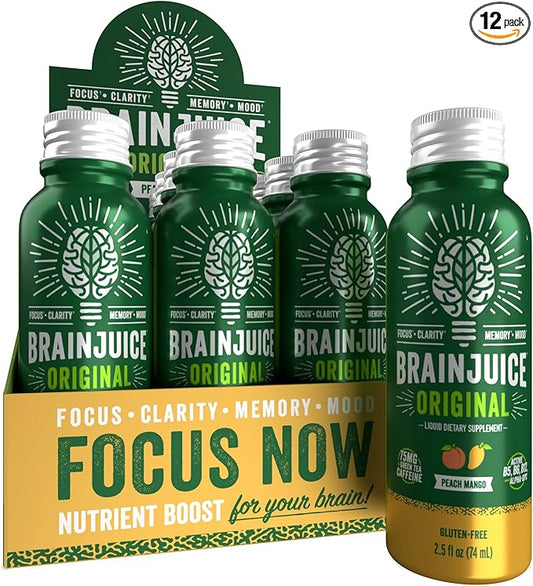BrainJuice Brain Support Shot, Gluten Free Supplement Shots for Energy & Focus, Healthy Drinks with Alpha GPC, Vitamin B & Organic Green Tea Extract Caffeine, Peach Mango, 2.5 fl oz, 12 Pack