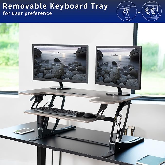 VIVO 36 inch Height Adjustable Stand Up Desk Converter, V Series, Quick Sit to Stand Tabletop Dual Monitor Riser Workstation, Gray Top, Black Frame, DESK-V000VG