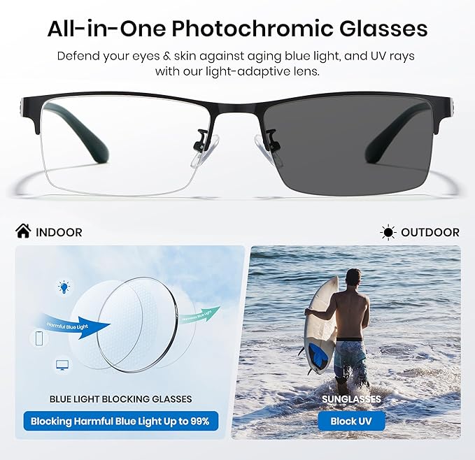 Cyxus Blue Light Glasses for Men Semi Rim Glasses Crystal Lens Rimless Computer UV Blocking Gaming Eyeglasses