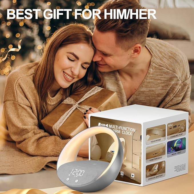 Bluetooth Alarm Clock, Sunrise Simulation Wake Up Night Light, 15W Fast Wireless Charging Alarm Clock for Bedroom, 10W Bluetooth Stereo Sound Speaker, USB Charger Port