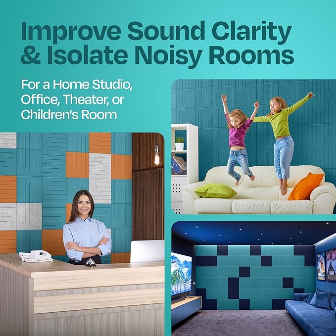 Acoustic Panels 12-Pack Soundproof Wall Panels 12"x12"x0.4" Decorative Sound Dampening for your Home, Office, Studio, Bedroom & More with Unique LineWave Carving [Light Turquoise]