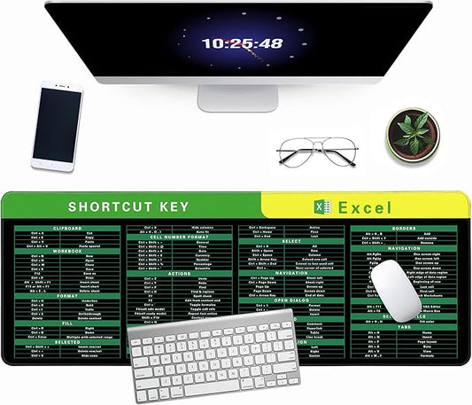 Excel Cheat Sheet Desk Pad, 31.5"x11.8", Waterproof Extra Large Excel Shortcut Mat with Stitched Edges, Anti-Slip Excel Mouse Pad for Office Desk, MS Excel/Word Shortcuts (Green Excel C)